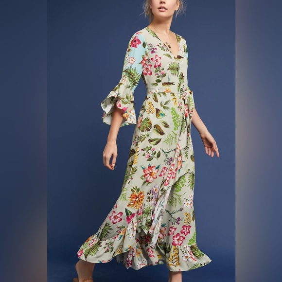 Bl^Nk London Dresses & Skirts - BL-NK Ruth Floral Wrap Maxi Dress Petite XS Boho Ruffle Sleeve Boho